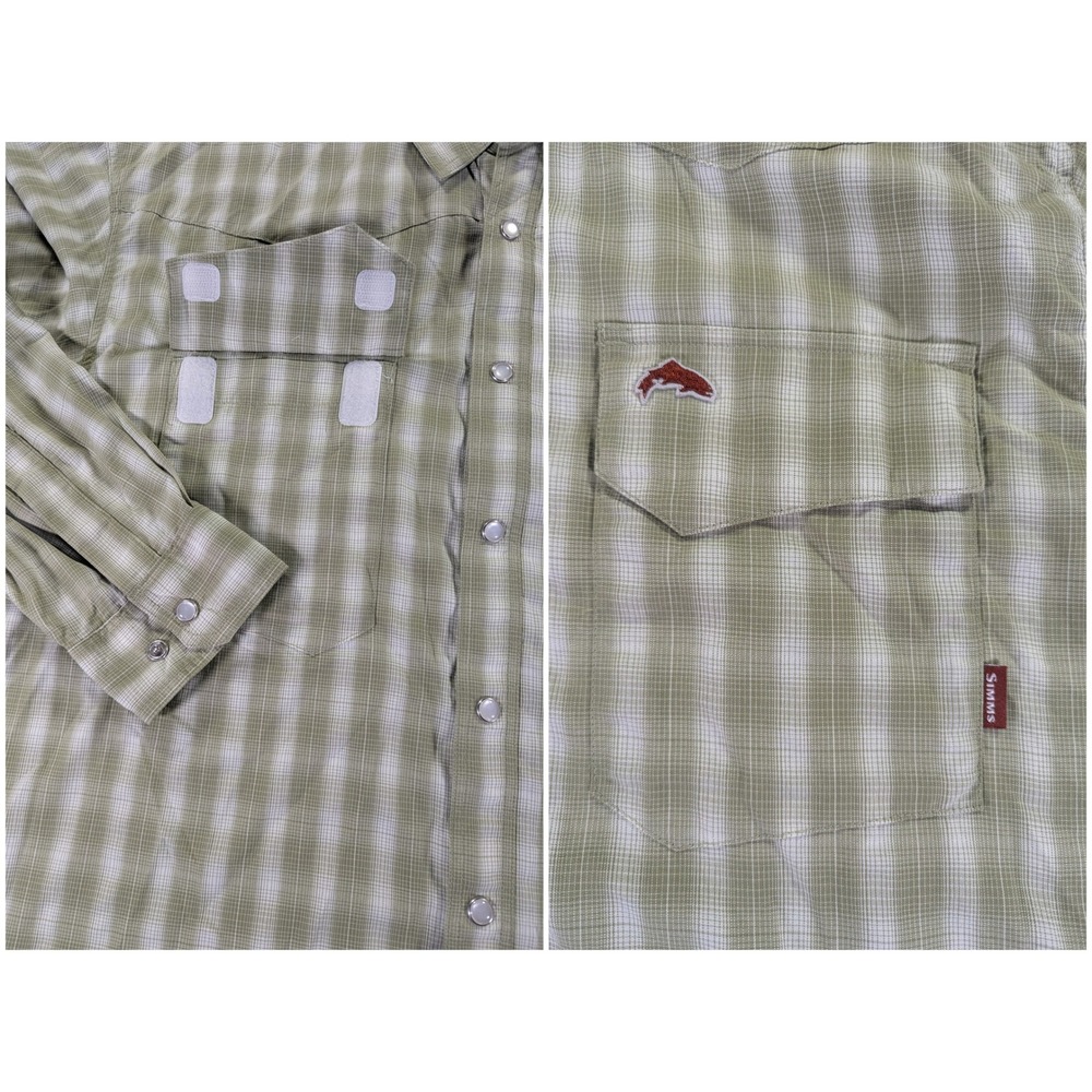 Simms Big Sky Fishing Shirt Mens Medium Green Plaid Pearl Snap Long Sleeve 28042 - Picture 5 of 8